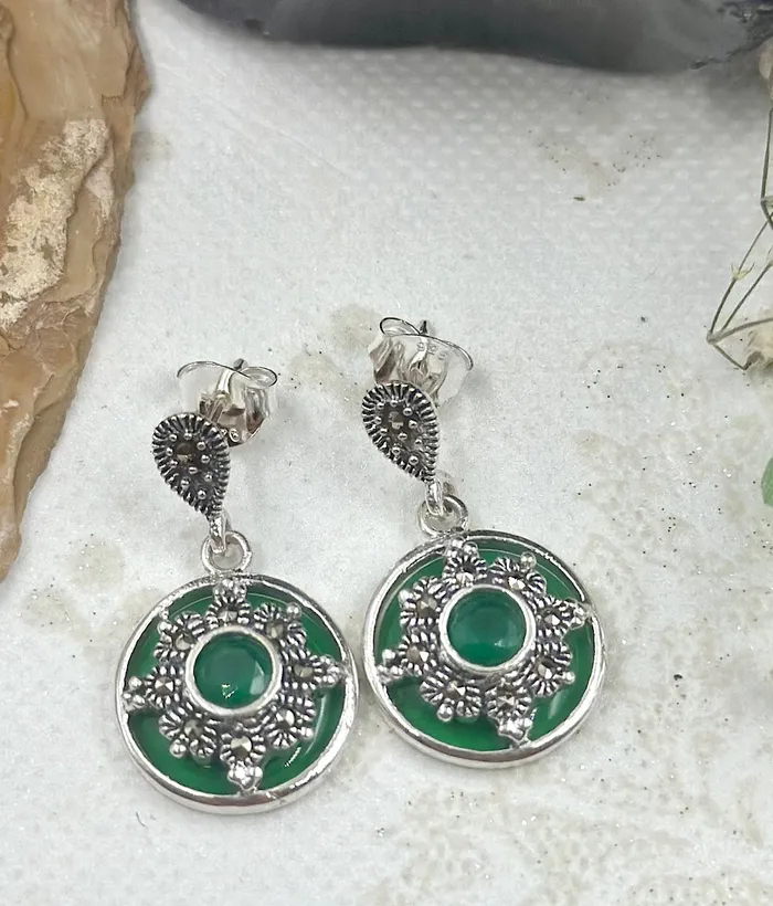 The Silver Marcasite Earrings Green Marcasite Earrings
