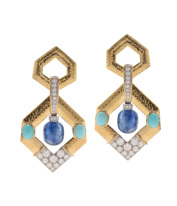 V Inset Hexagonal Doorknocker Earrings Sapphire Turquoise David Webb Earrings V Inset Hexagonal Doorknocker Earrings Sapphire Turquoise David Webb Earrings
